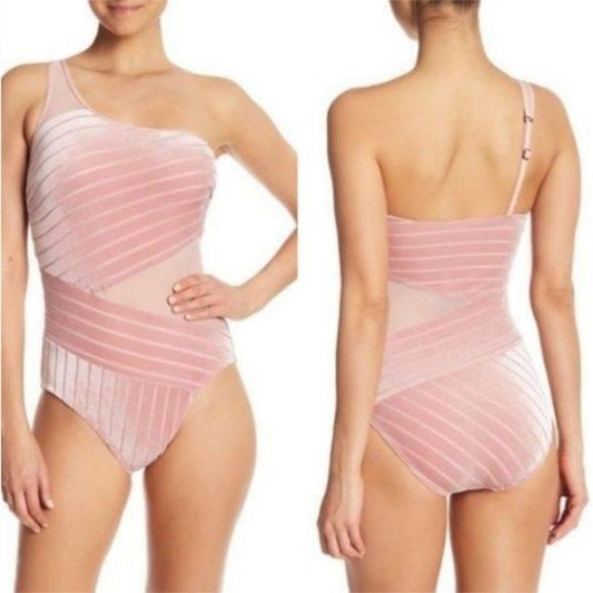 NWT Kenneth Cole L Pink Velvet One-Shoulder Mesh One-Piece Swimsuit 128932