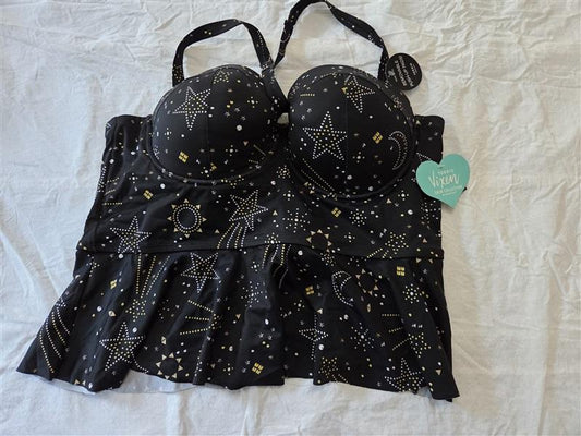 NWT Torrid 2 Black Stud & Stars Constellation Peplum Tankini Swim Top 128947