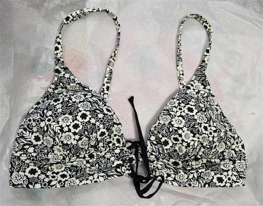 NWOT Robin Piccone XS V Neck Tie Front Bikini Swim Top Black White Flower 128958