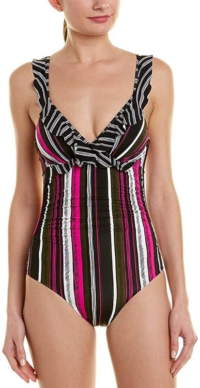 NWOT Anne Cole 12 Sketchbook Shoulder Flounce 1pc Swimsuit Stripe 128974