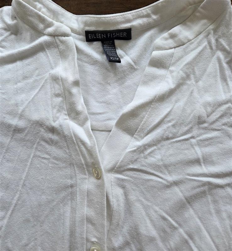 PO Eileen Fisher XS Stretch Top Button Up Mandarin Collar White 128987