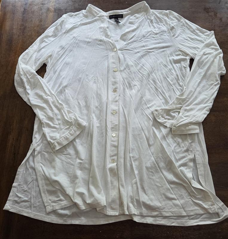 PO Eileen Fisher XS Stretch Top Button Up Mandarin Collar White 128987