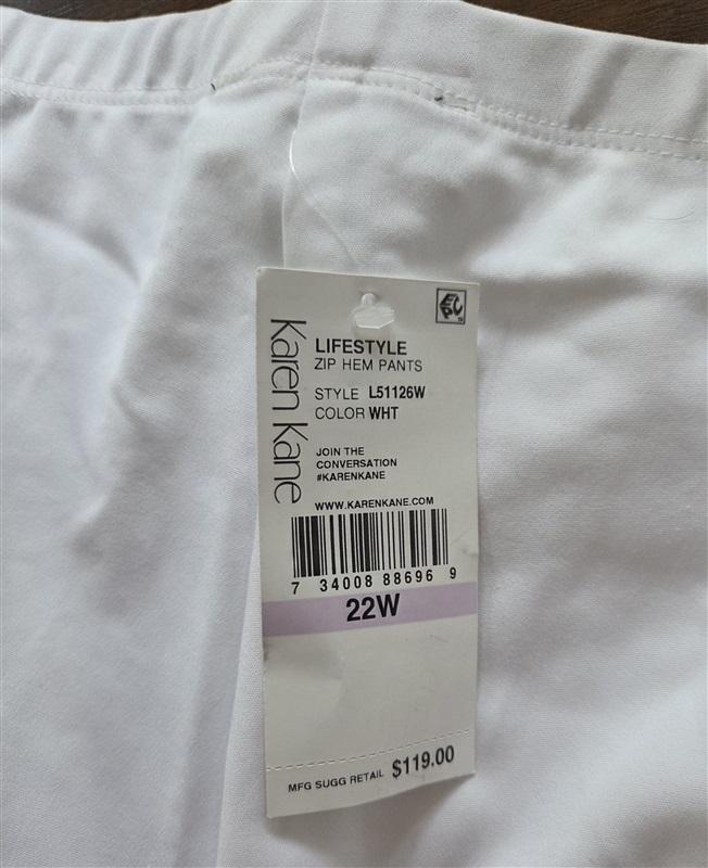 NWT Karen Kane 22W Plus Lifestyle Zip Hem Pants White 128989