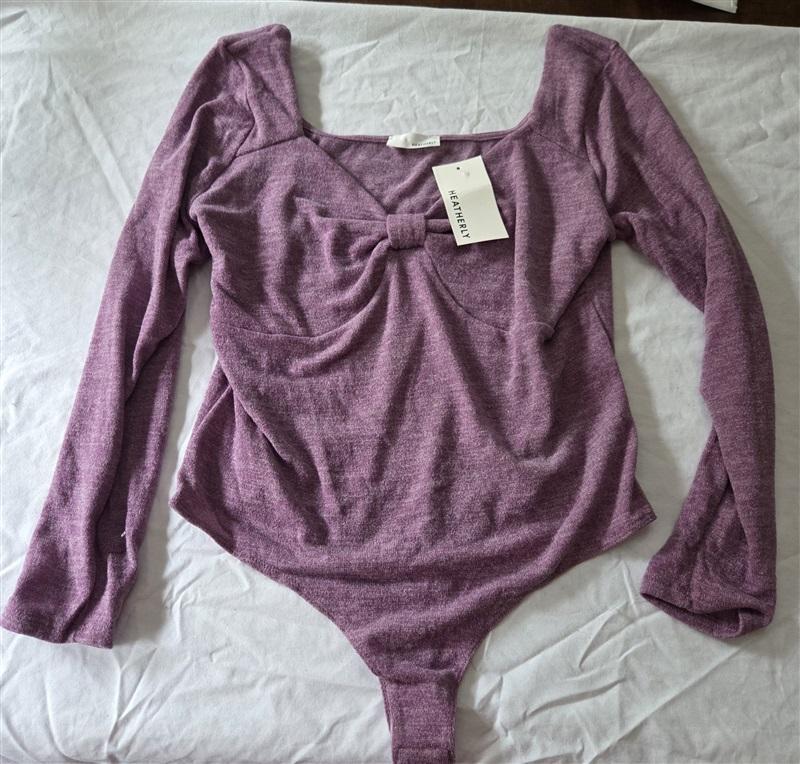 NWOT Heatherly 1X Long Sleeve Bow Front Ballet Core Purple Bodysuit 128996