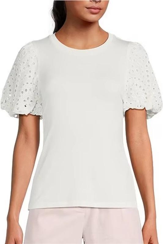 NWT Skies are Blue L White T Shirt Eyelet Puff Sleeves 129002