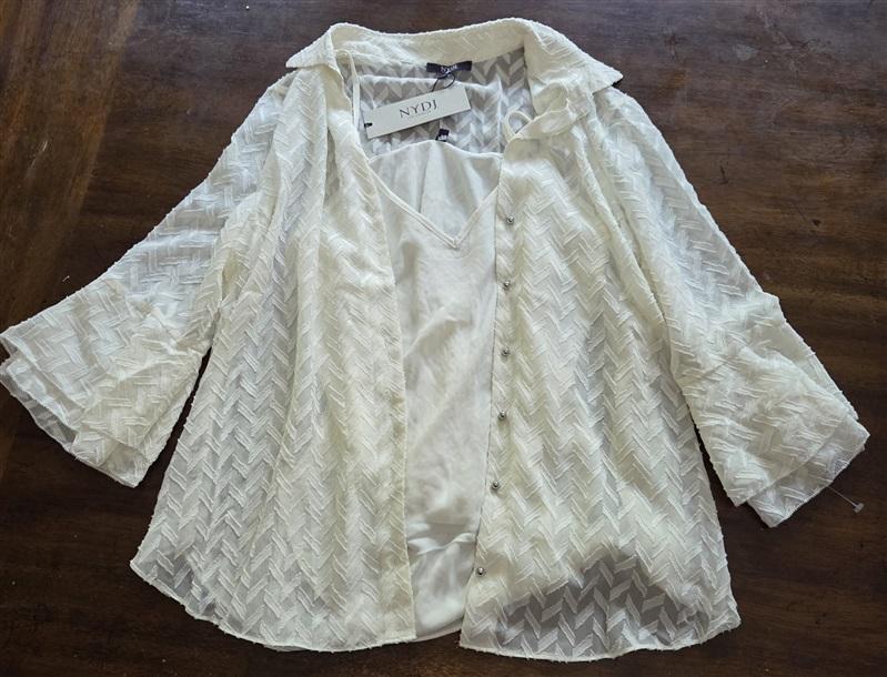 NWT NYDJ S Chevron Ruffle Sheer Blouse Short Sleeve with Tank 129096