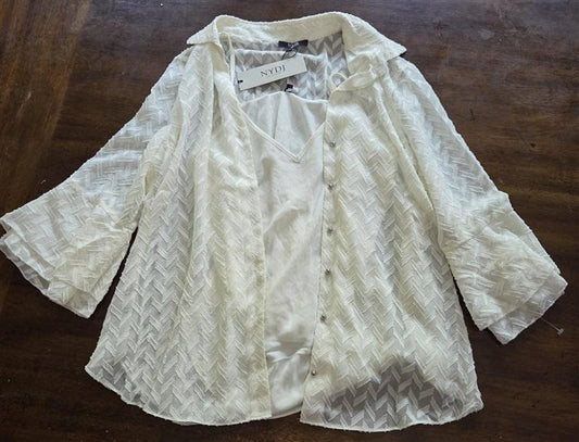 NWT NYDJ S Chevron Ruffle Sheer Blouse Short Sleeve with Tank 129096