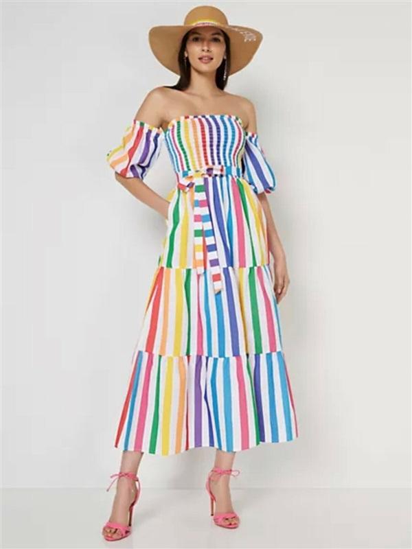 NWT NY & Company M Off-The-Shoulder Rainbow Stripe Maxi Dress 129100