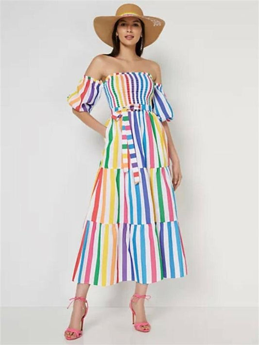 NWT NY & Company M Off-The-Shoulder Rainbow Stripe Maxi Dress 129100
