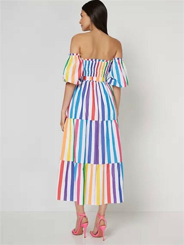 NWT NY & Company M Off-The-Shoulder Rainbow Stripe Maxi Dress 129100