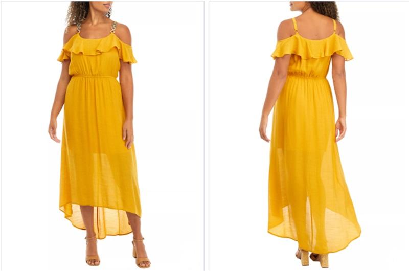 NWT Luxology L Off the Shoulder Solid Gauze High Low Dress Mustard Yellow 129151