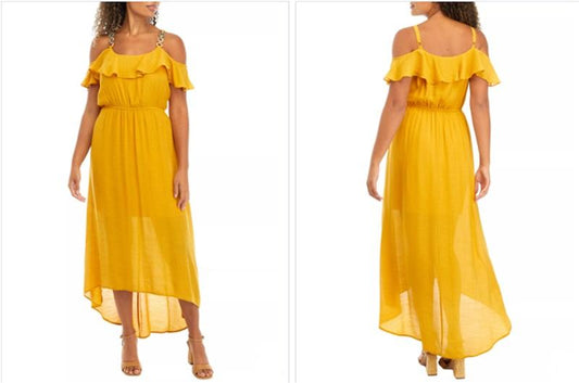 NWT Luxology L Off the Shoulder Solid Gauze High Low Dress Mustard Yellow 129151