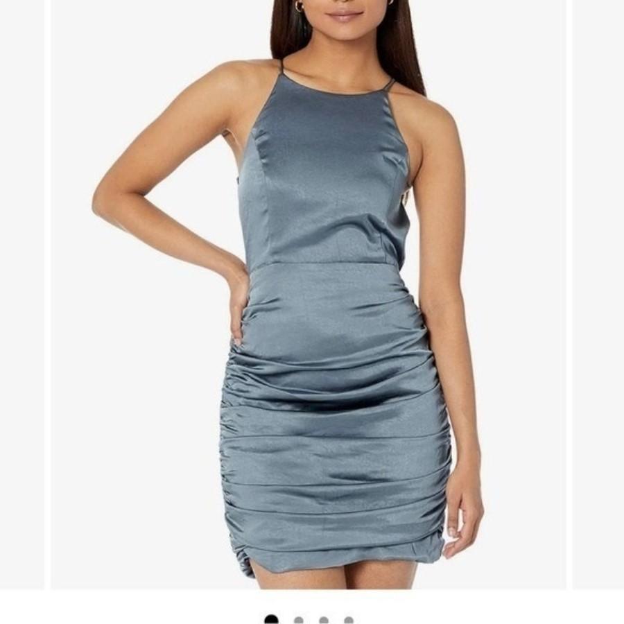 NWT Line & Dot XS Mai Mini Steel Blue Open Back Satin Cocktail Dress 129153