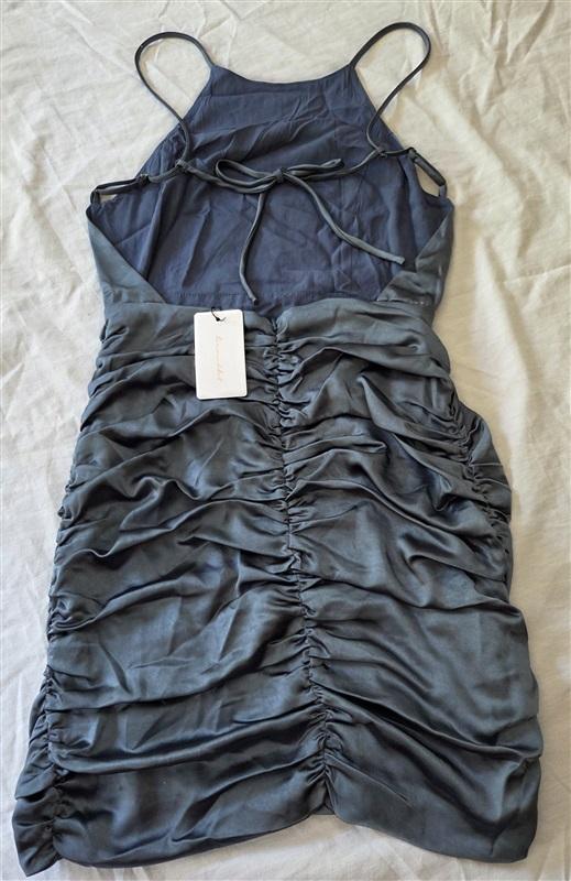 NWT Line & Dot XS Mai Mini Steel Blue Open Back Satin Cocktail Dress 129153