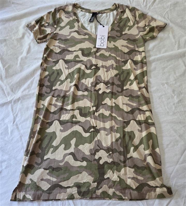 NWT Bobi S Camo V Neck Short Sleeve T Shirt Dress 129165