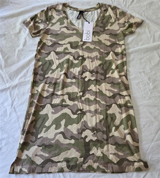 NWT Bobi S Camo V Neck Short Sleeve T Shirt Dress 129165