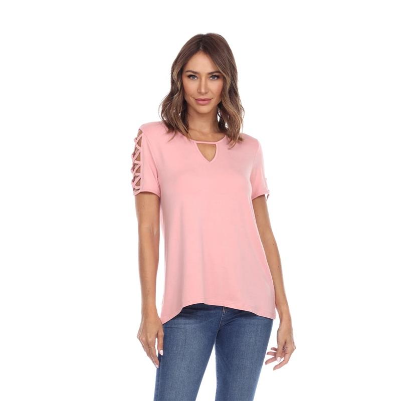 NWT White Mark XL Keyhole Neck Cutout Short Sleeve Top Rose Pink 129174