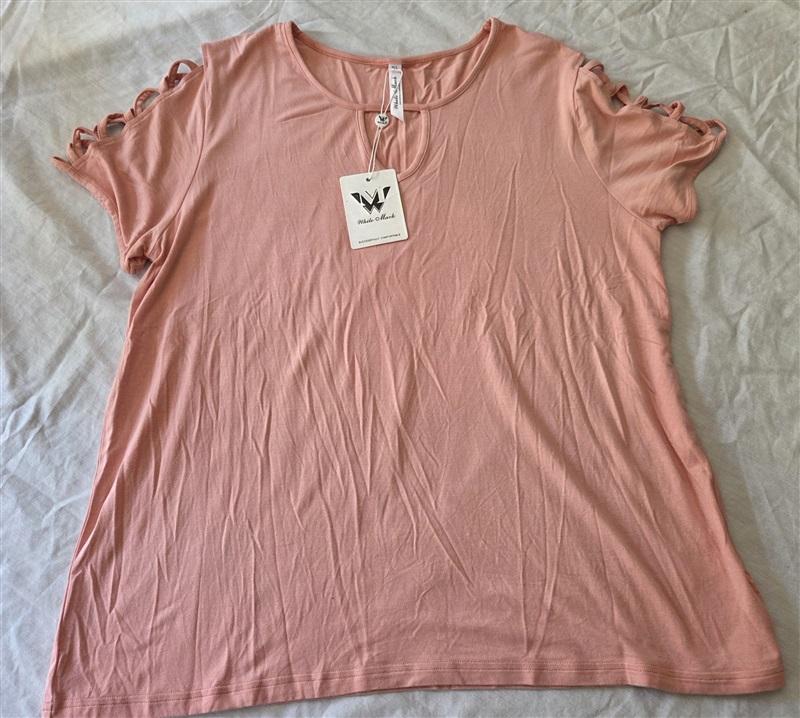 NWT White Mark XL Keyhole Neck Cutout Short Sleeve Top Rose Pink 129174
