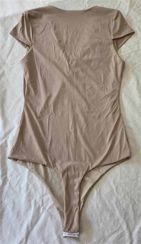 NWOT Fashion Vitamin M Deep V Bodysuit Thong Taupe Beige 129222