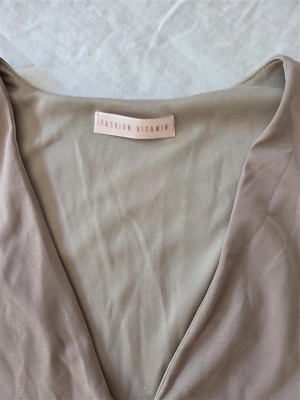 NWOT Fashion Vitamin M Deep V Bodysuit Thong Taupe Beige 129222