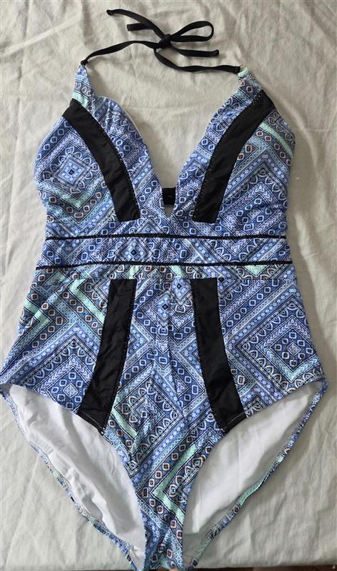 NWT Leilani 16 Deep V Blue White Medallions Swimsuit Bathing Suit 129248