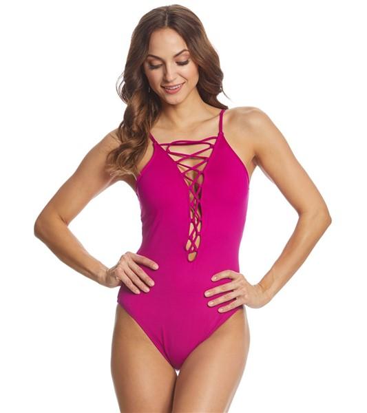 NWT La Blanca 4DD Island Goddess Laceup Hi-Neck 1 Piece Swimsuit Back 129250