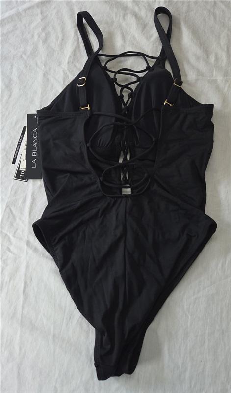 NWT La Blanca 4DD Island Goddess Laceup Hi-Neck 1 Piece Swimsuit Back 129250