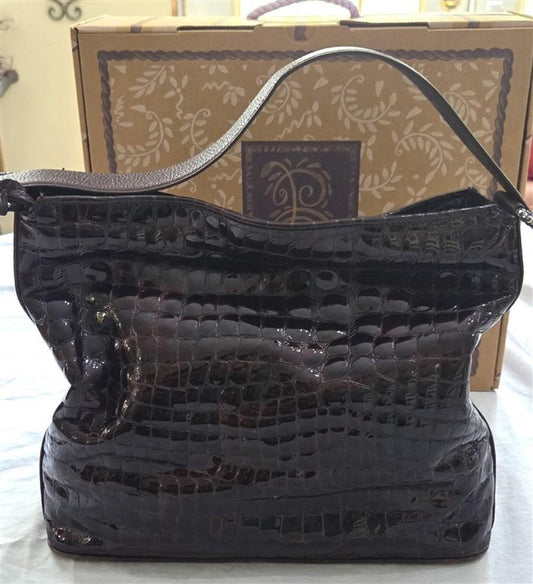 Vintage Brighton Cher Croco Tote Shoulder Bag Patent Leather Burgundy 129256