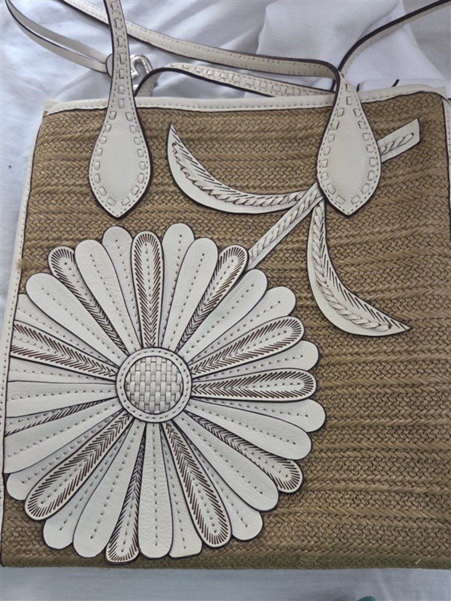 Vintage Brighton Woven Straw & Leather Shopper Bag Purse Dahlia Wh Tan #129260