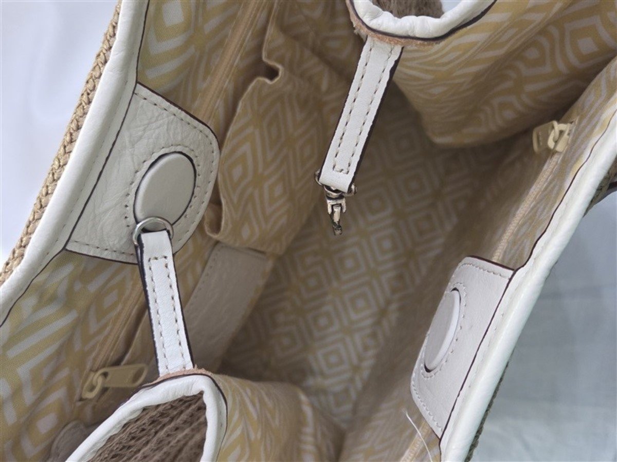 Vintage Brighton Woven Straw & Leather Shopper Bag Purse Dahlia Wh Tan #129260