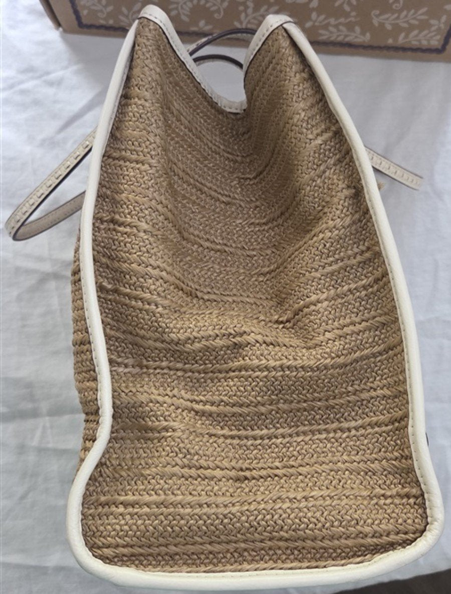 Vintage Brighton Woven Straw & Leather Shopper Bag Purse Dahlia Wh Tan #129260