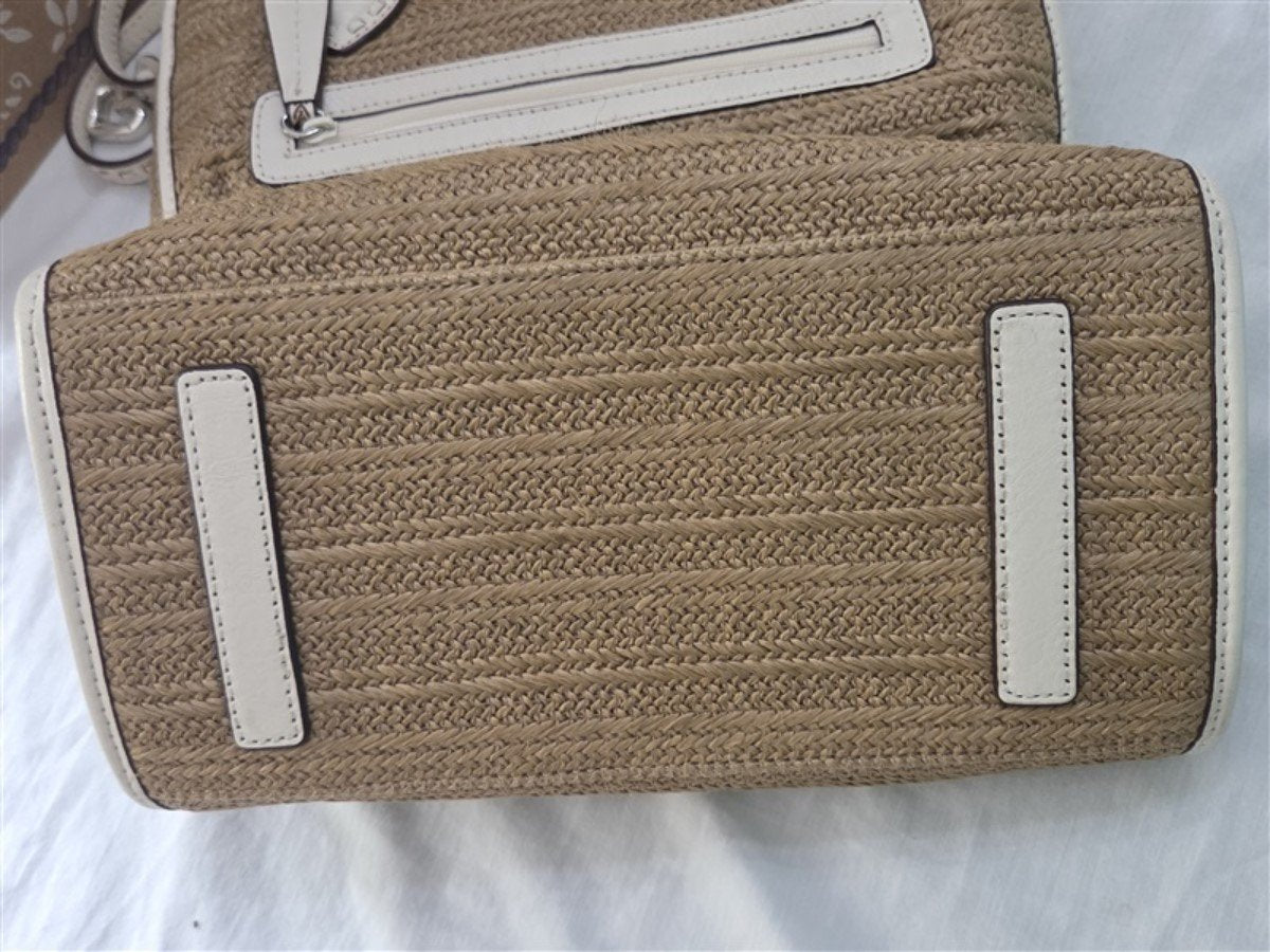 Vintage Brighton Woven Straw & Leather Shopper Bag Purse Dahlia Wh Tan #129260