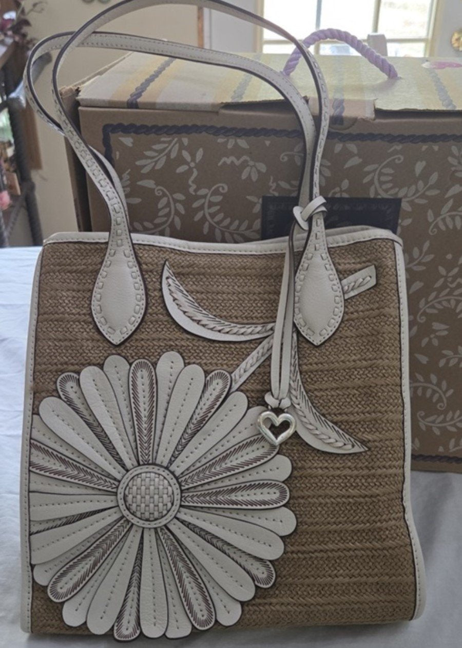 Vintage Brighton Woven Straw & Leather Shopper Bag Purse Dahlia Wh Tan #129260