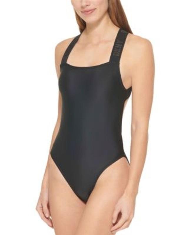 NWT DKNY XS Black Logo Cross-Back 1PC Swimsuit 129272