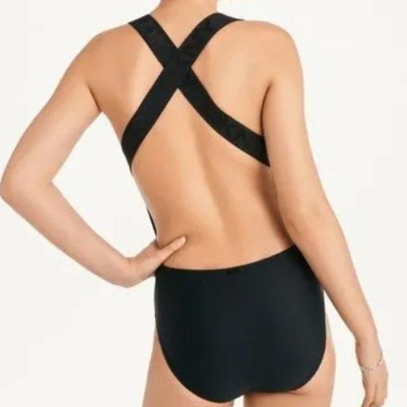 NWT DKNY XS Black Logo Cross-Back 1PC Swimsuit 129272