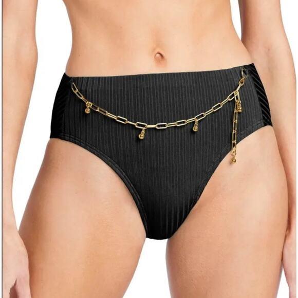 NWOT Robin Piccone Yasmine S high waist Chain Bikini Swim Bottom Black 129300