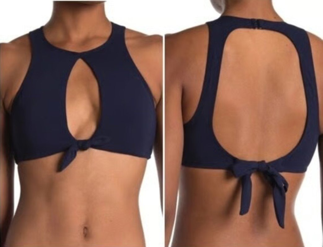 NWOT Robin Piccone Ava XS Navy Blue Front Knot Keyhole Bikini Swim Top 129305