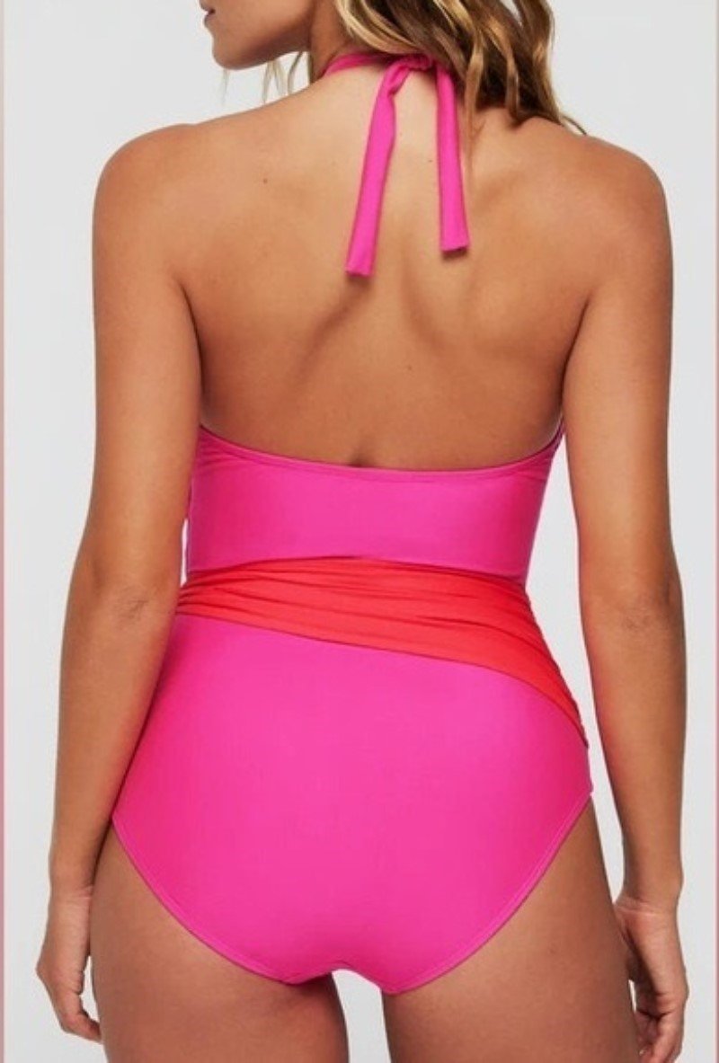 NWT HERMOZA 6 Pink Genevieve High Neck Halter Sash Tie 1PC Swimsuit 129405