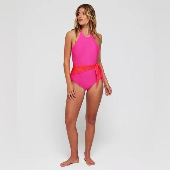 NWT HERMOZA 6 Pink Genevieve High Neck Halter Sash Tie 1PC Swimsuit 129405