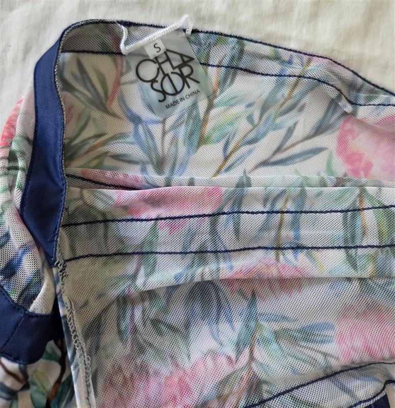 NWT Chaser S Sheer Floral Banded 1PC Swimsuit Blue Pink 129408
