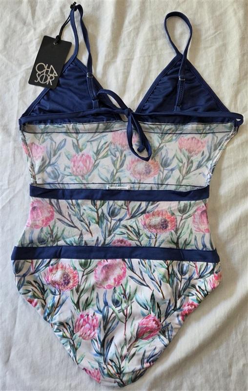 NWT Chaser S Sheer Floral Banded 1PC Swimsuit Blue Pink 129408