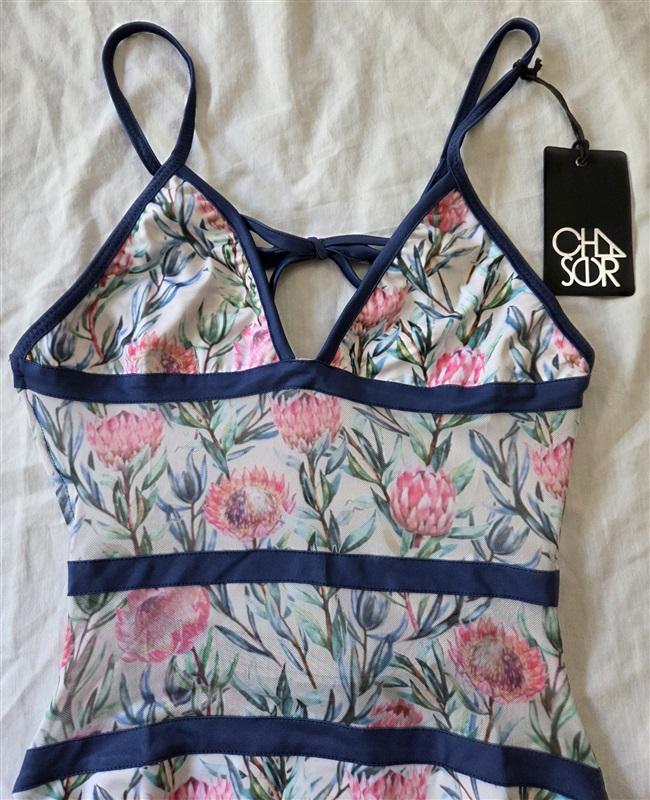 NWT Chaser S Sheer Floral Banded 1PC Swimsuit Blue Pink 129408