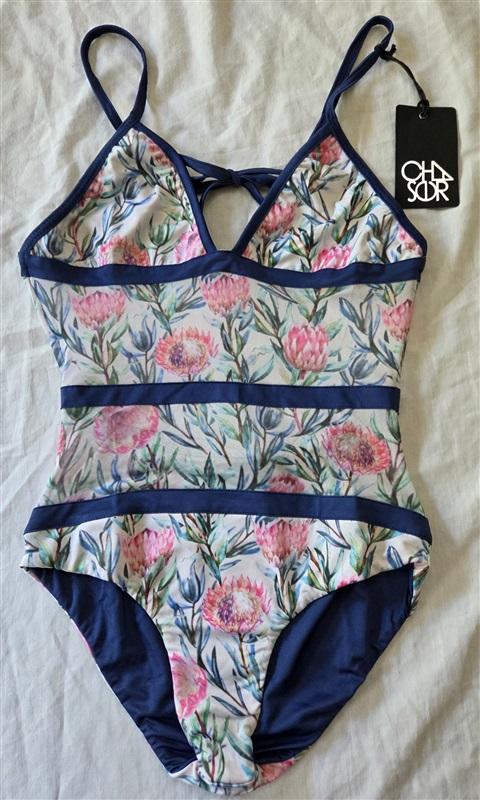 NWT Chaser S Sheer Floral Banded 1PC Swimsuit Blue Pink 129408