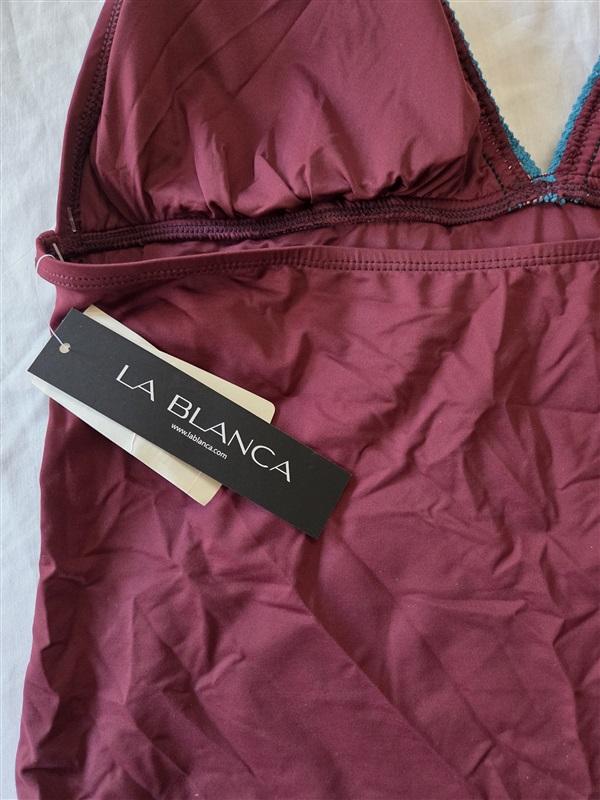 NWT La Blanca 16 Burgundy Crochet Halter Tankini Swim Top 129411