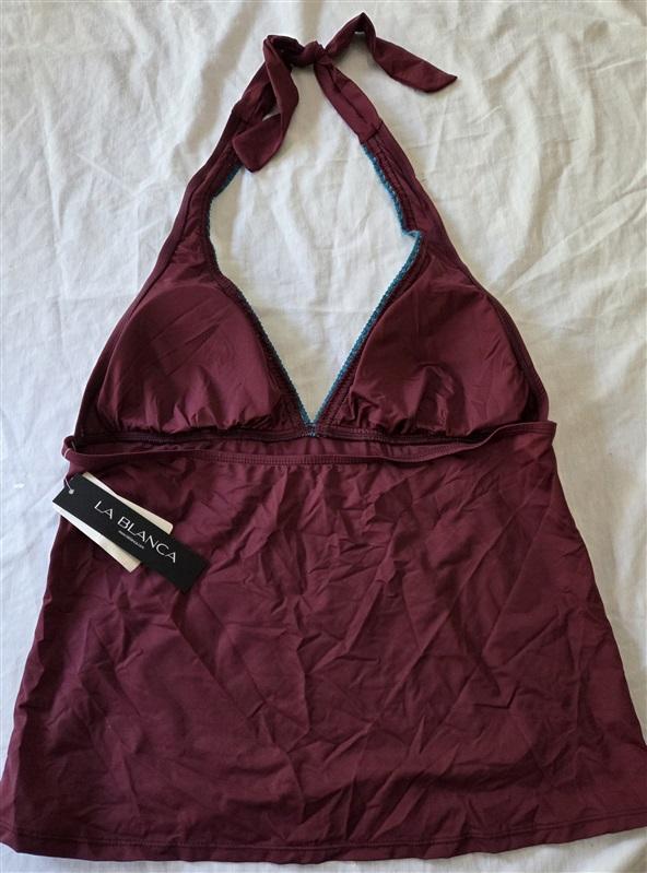 NWT La Blanca 16 Burgundy Crochet Halter Tankini Swim Top 129411