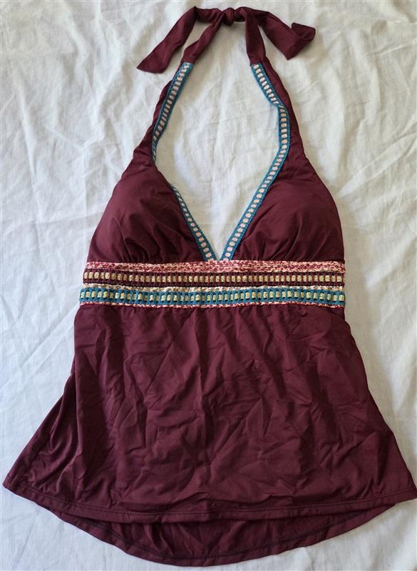 NWT La Blanca 16 Burgundy Crochet Halter Tankini Swim Top 129411