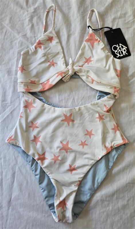 NWT Chaser S Stars Cut Out1PC Monokini Swimsuit Blue Pink White 129412
