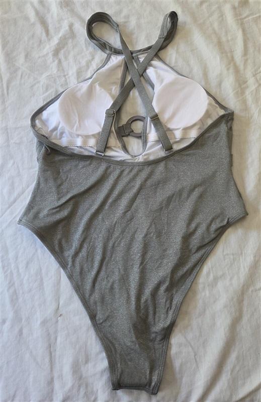 NWT Amor at 7 12 Shiny Deep V Cut Out 1PC Swimsuit Silver 129420