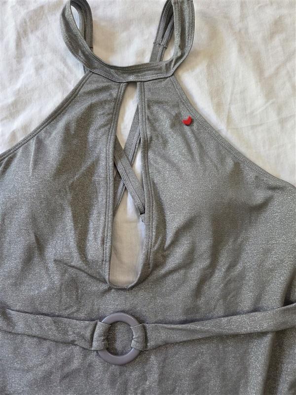 NWT Amor at 7 12 Shiny Deep V Cut Out 1PC Swimsuit Silver 129420