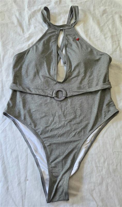 NWT Amor at 7 12 Shiny Deep V Cut Out 1PC Swimsuit Silver 129420